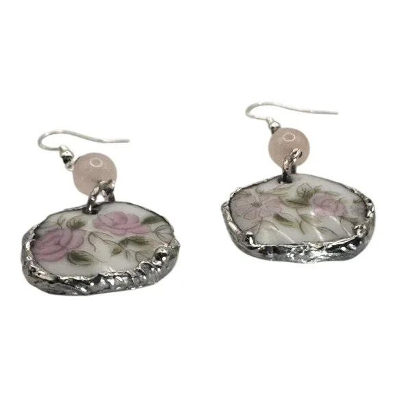 Broken China Floral Earrings W/ 925 Hooks & Silver Blend Bezel With Rose Quartz - Picture 12 of 14